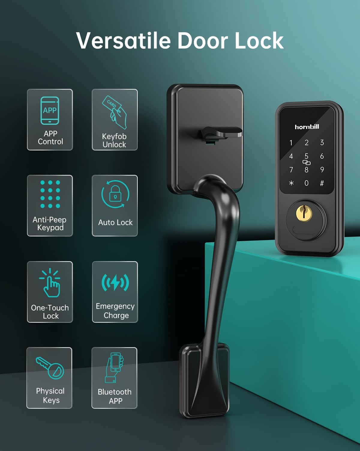Hornbill Keyless Entry Door Lock with Handle, Digital Lock via Bluetooth APP/Keyfob/Auto Lock