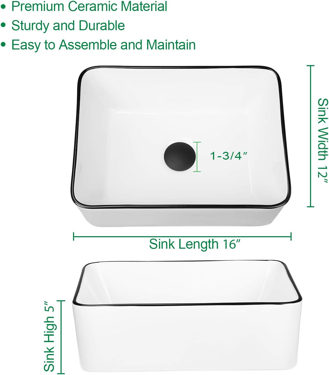 KSWIN Ceramic Rectangular Bathroom Vessel Sink, White Body with Black Trim on The Top