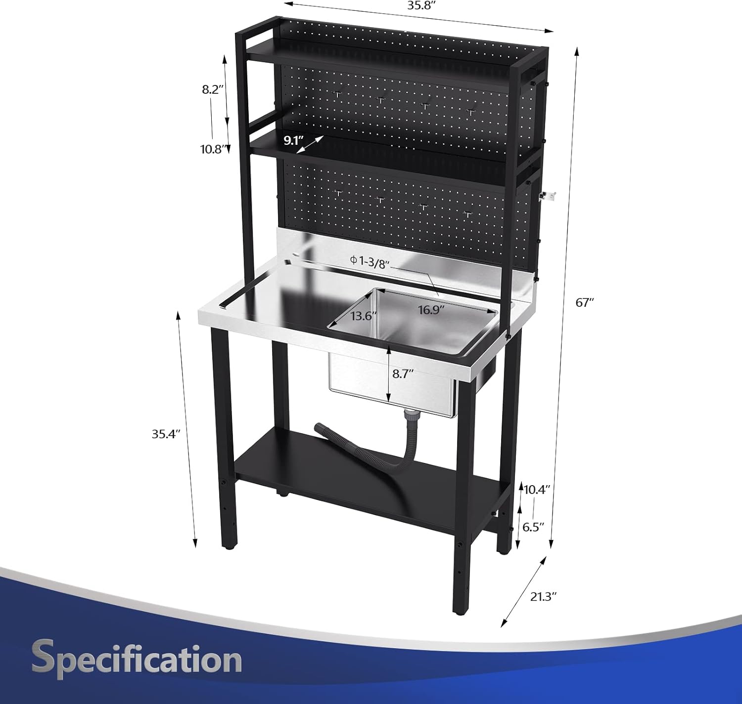 VINGLI Commercial Sink with Drainboard and Adjustable Shelves Pegboard