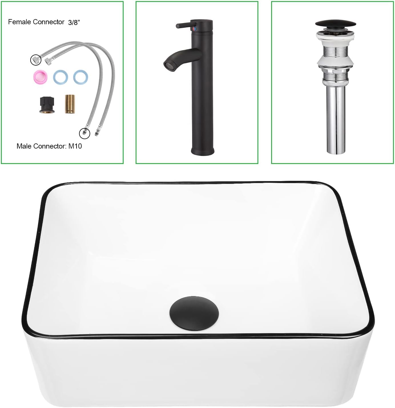 KSWIN Ceramic Rectangular Bathroom Vessel Sink, White Body with Black Trim on The Top