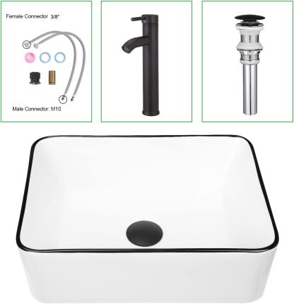 KSWIN Ceramic Rectangular Bathroom Vessel Sink, White Body with Black Trim on The Top