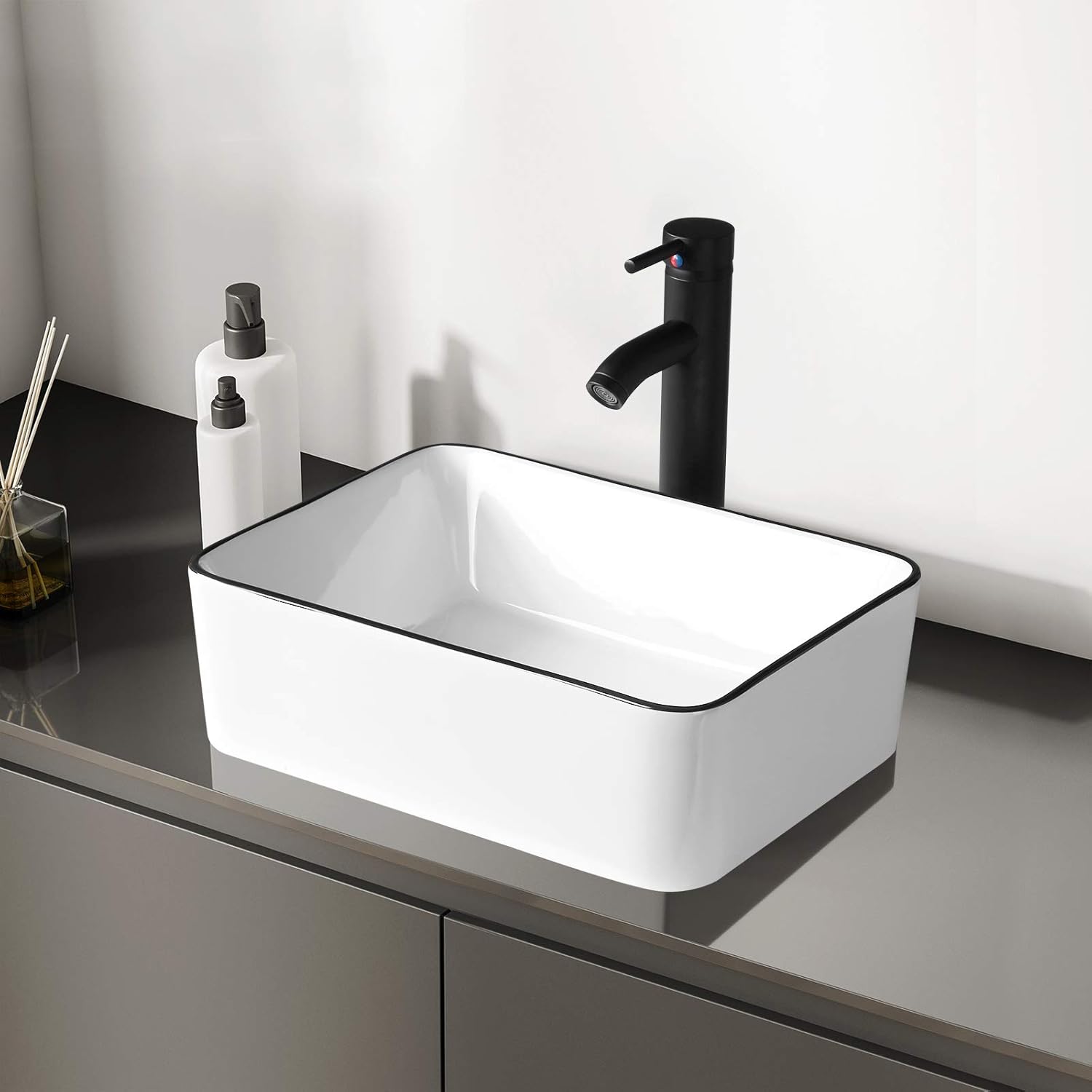 KSWIN Ceramic Rectangular Bathroom Vessel Sink, White Body with Black Trim on The Top