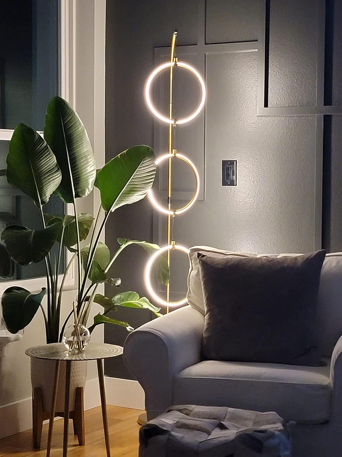 Brightech Contemporary Arc Tall Lamp with 3-Circle Ring-Style Pendant