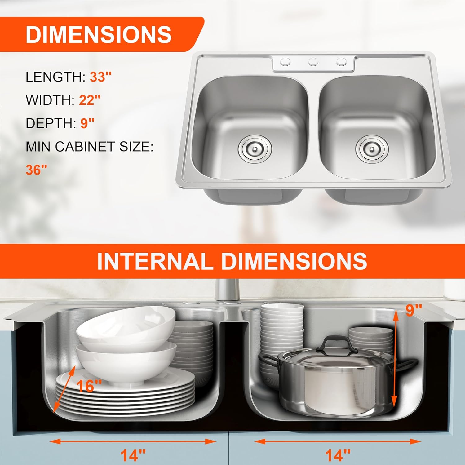 Blenzia 33 Inch Double Bowl Kitchen Sink Topmount Stainless Steel