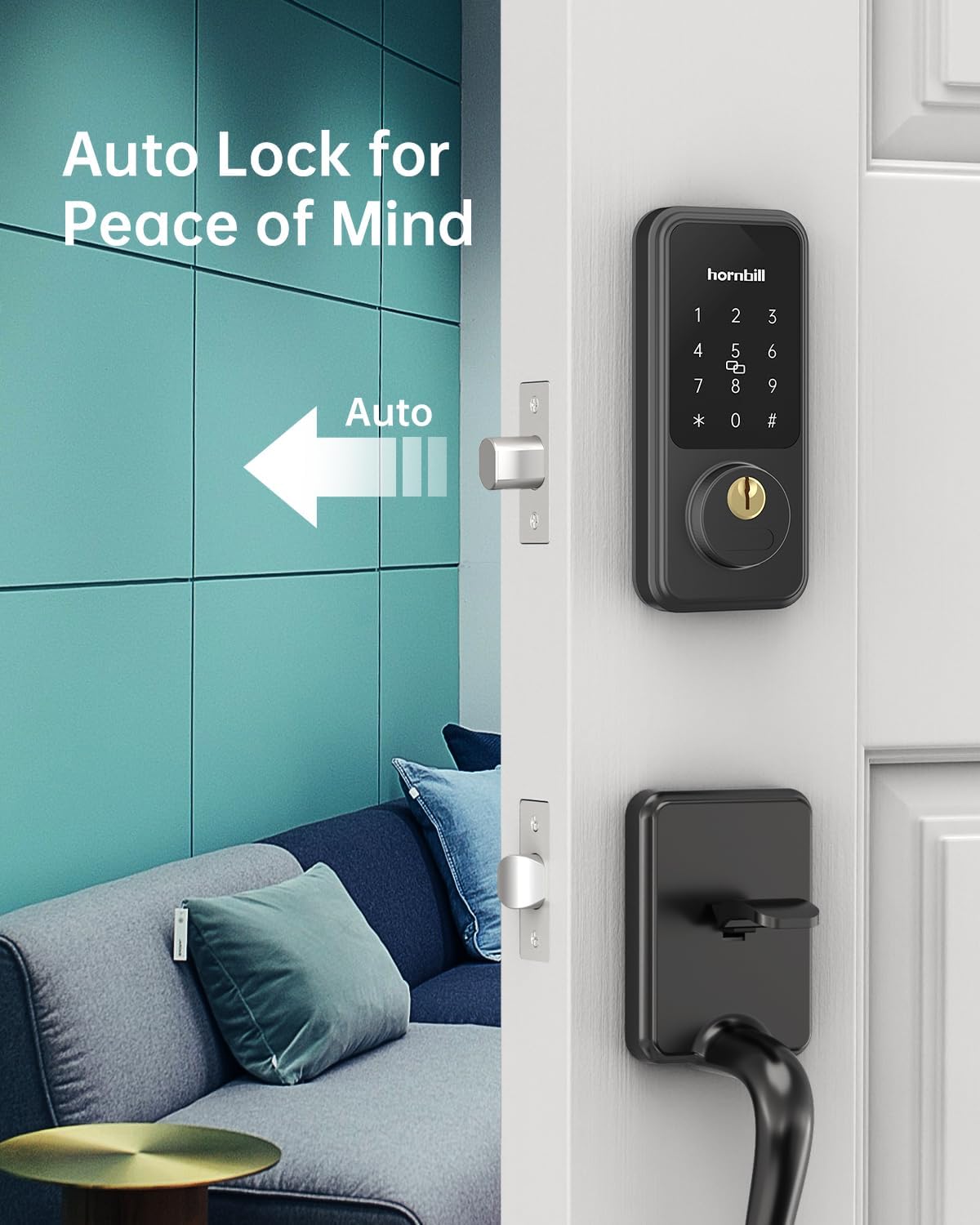Hornbill Keyless Entry Door Lock with Handle, Digital Lock via Bluetooth APP/Keyfob/Auto Lock