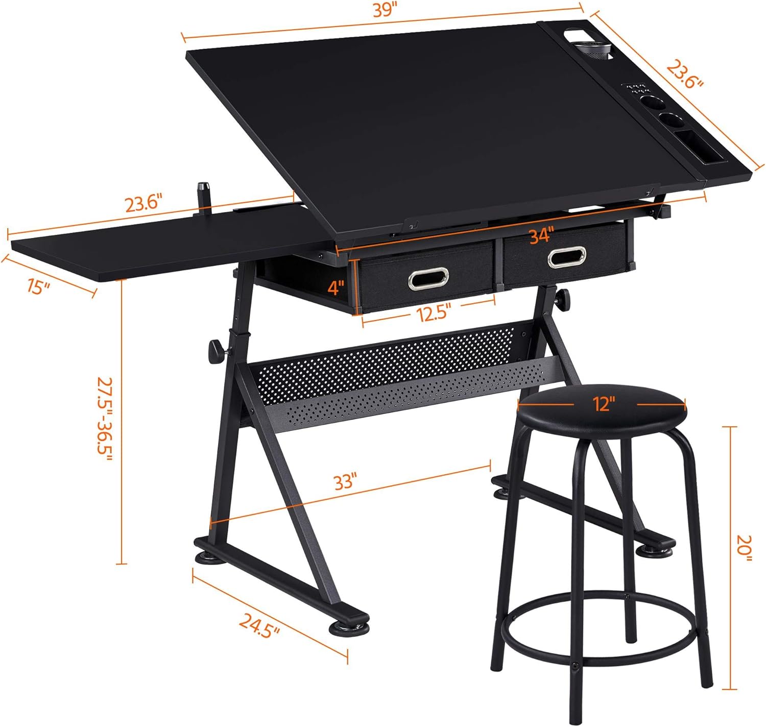 Yaheetech Drafting Table for Artists w/ 2 Storage Drawers and Stool