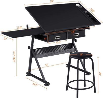 Yaheetech Drafting Table for Artists w/ 2 Storage Drawers and Stool