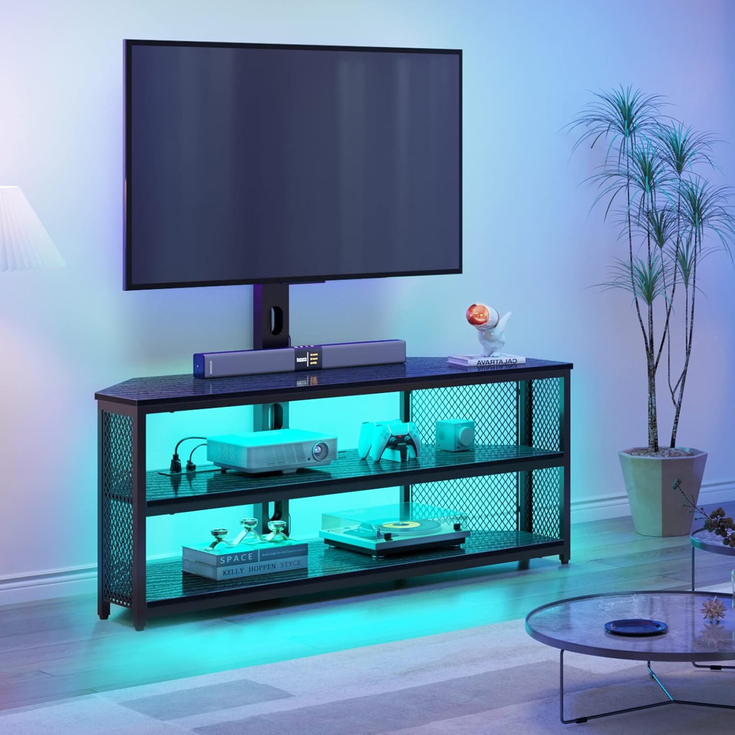 Rolanstar TV Stand with Mount and Power Outlet with LED Lights , Height Adjustable Mount