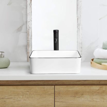 KSWIN Ceramic Rectangular Bathroom Vessel Sink, White Body with Black Trim on The Top