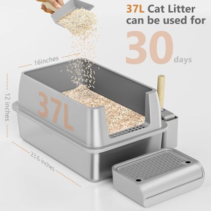 OKSOTY Stainless Steel Cat Litter Box with Lid, XL Extra Large Litter Box