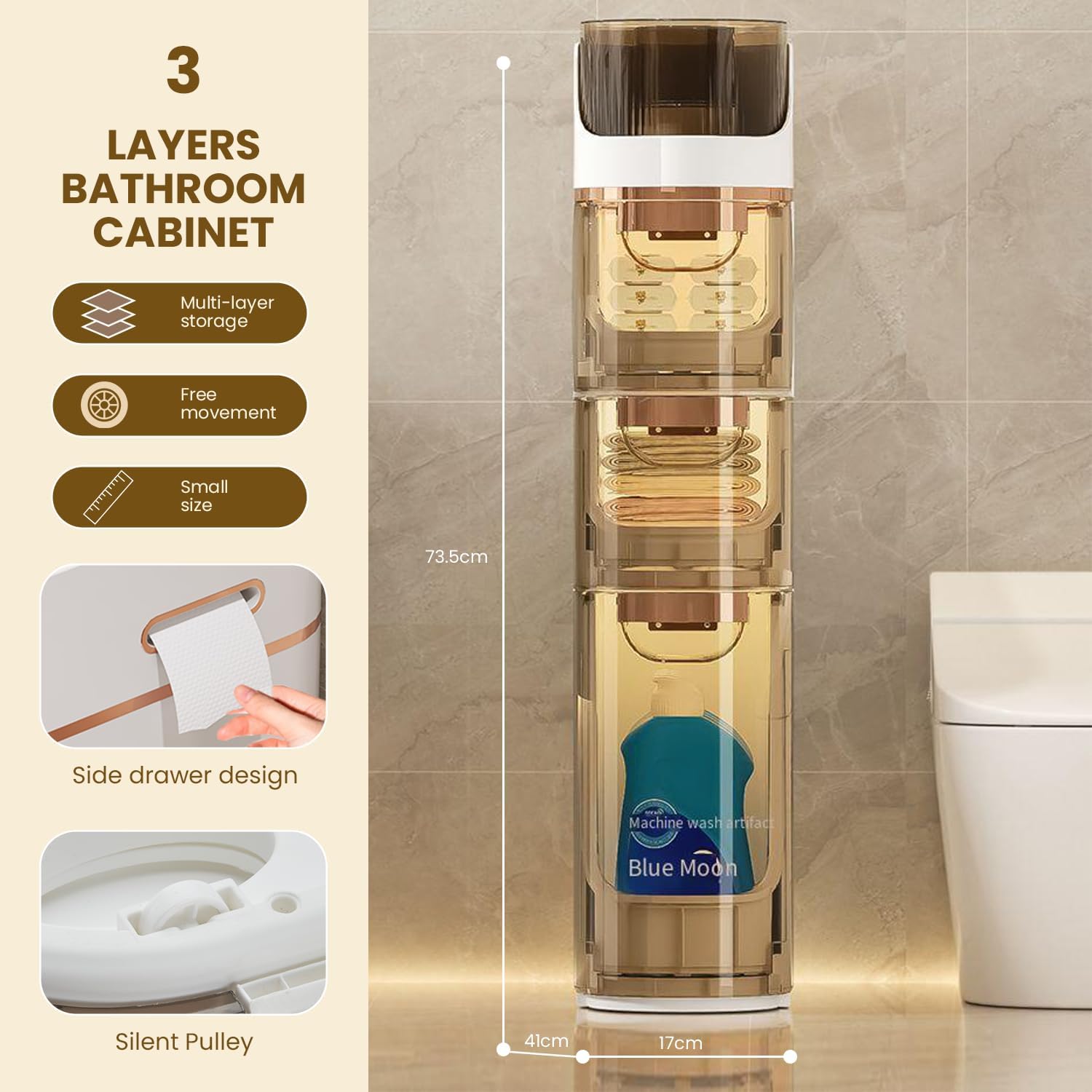 IKBAOME Slim Bathroom Storage Cabinet, 3-Tiers No-Assembly
