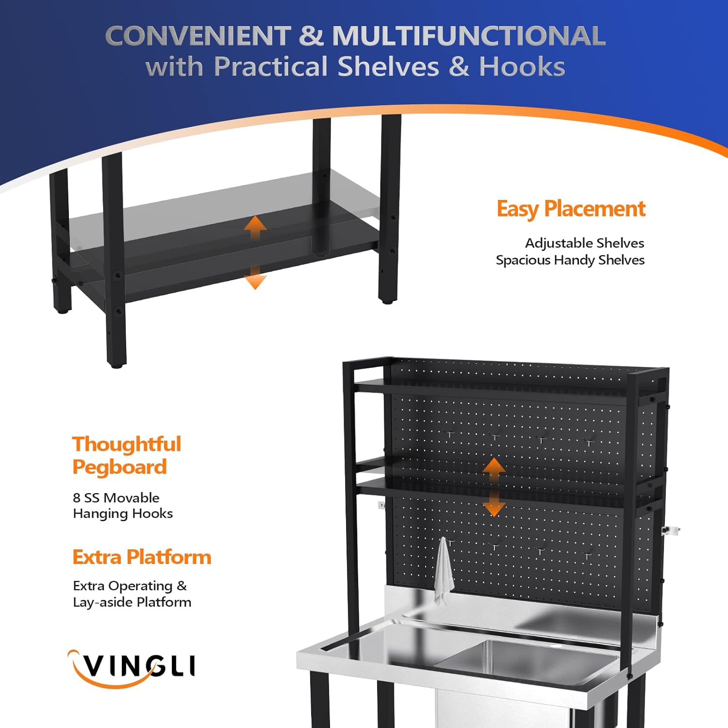 VINGLI Commercial Sink with Drainboard and Adjustable Shelves Pegboard