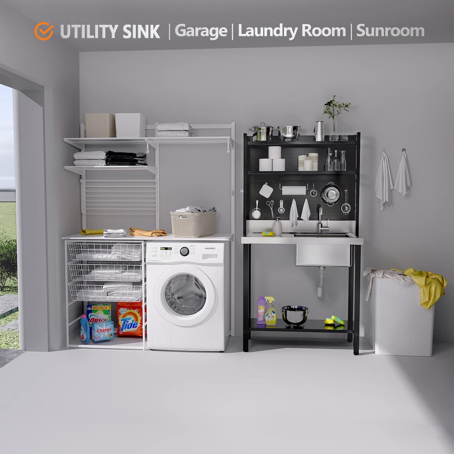 VINGLI Commercial Sink with Drainboard and Adjustable Shelves Pegboard