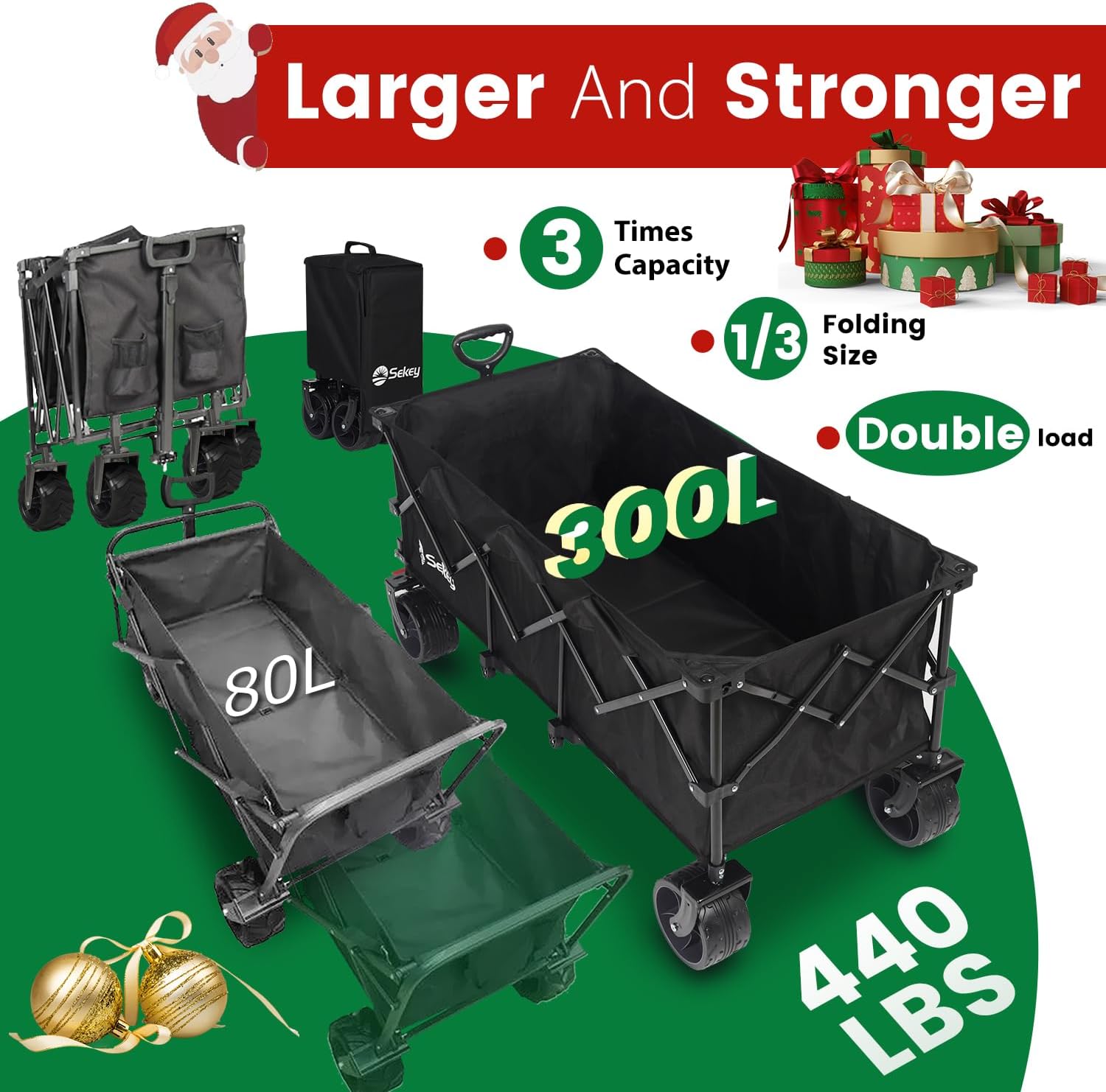 Sekey 48''L Collapsible Foldable Extended Wagon with Big All-Terrain Beach Wheels & Drink Holders