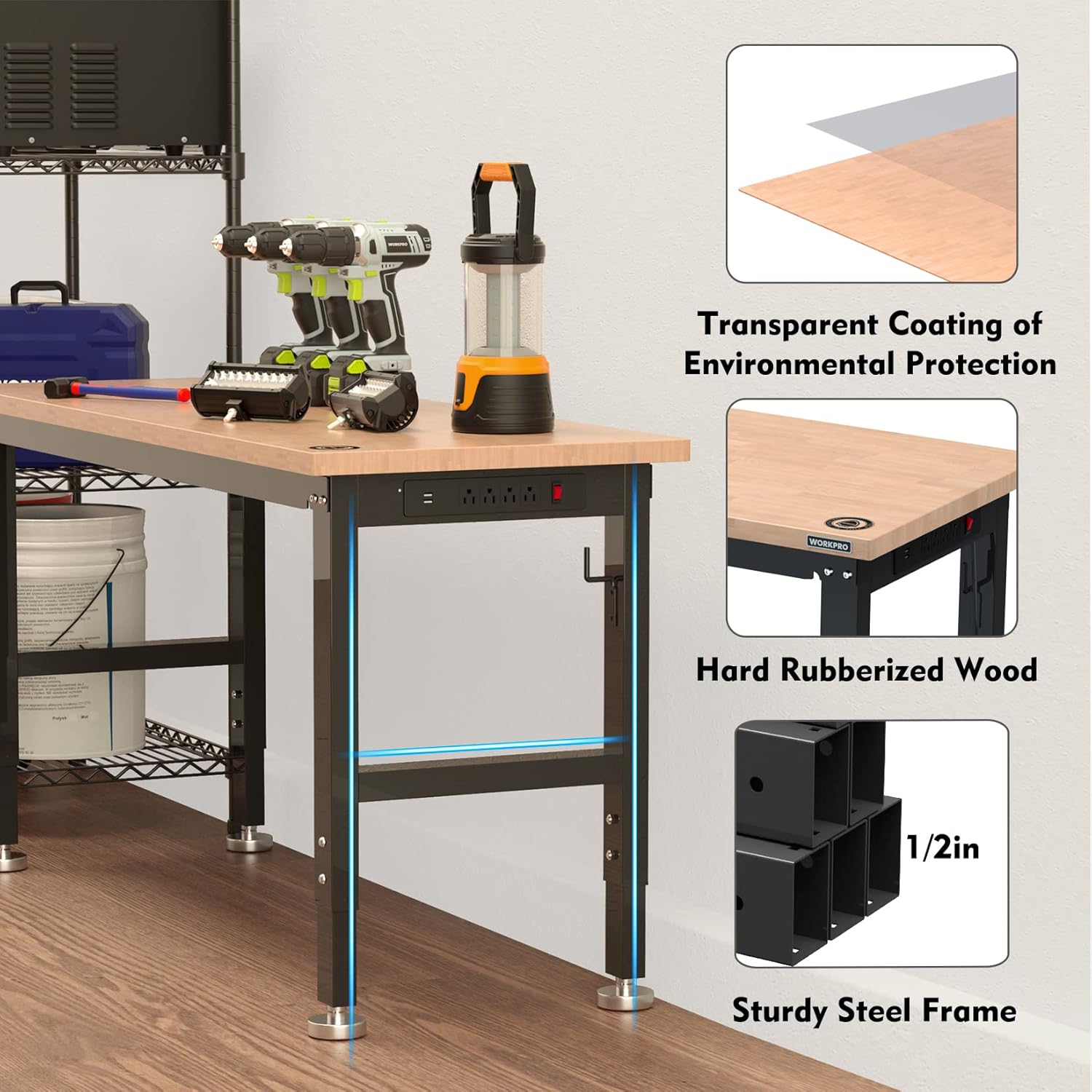 WORKPRO 60" Adjustable Workbench Rubber Wood Top Heavy-Duty Workstation