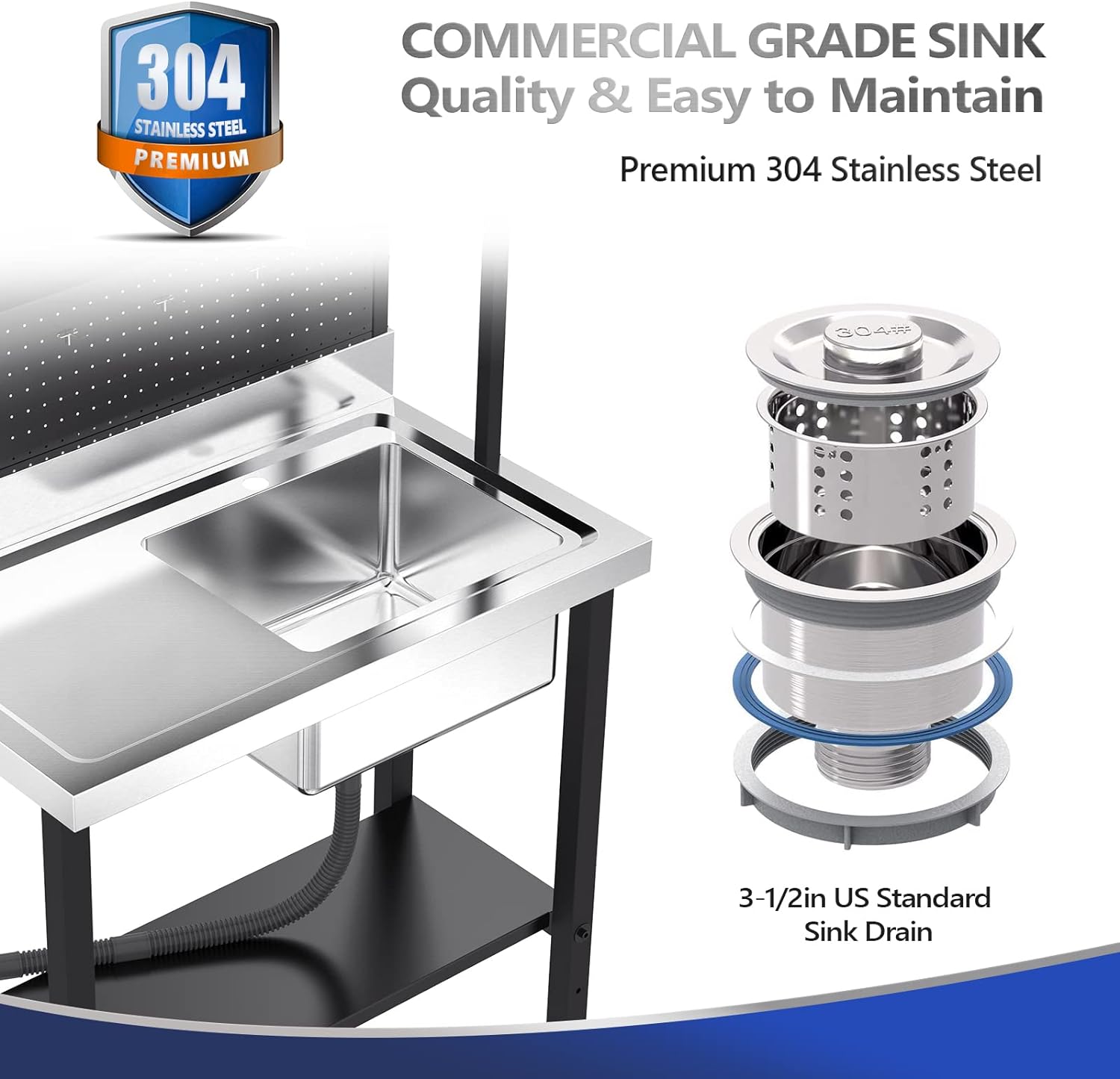 VINGLI Commercial Sink with Drainboard and Adjustable Shelves Pegboard