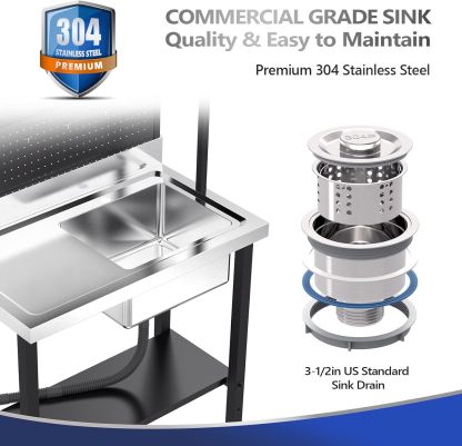 VINGLI Commercial Sink with Drainboard and Adjustable Shelves Pegboard
