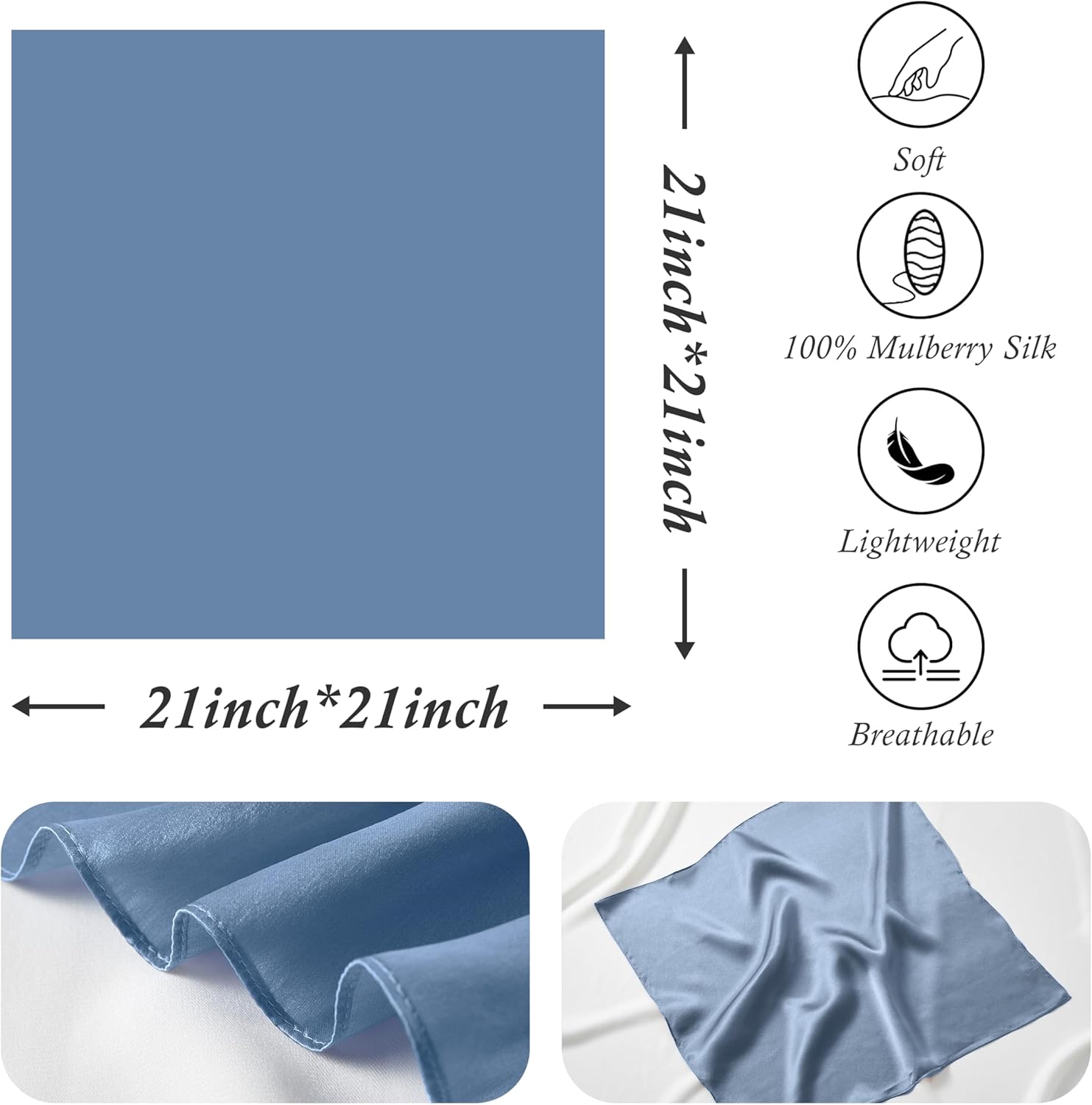 Blue Mulberry Silk Lightweight Square Scarf - 21 inches