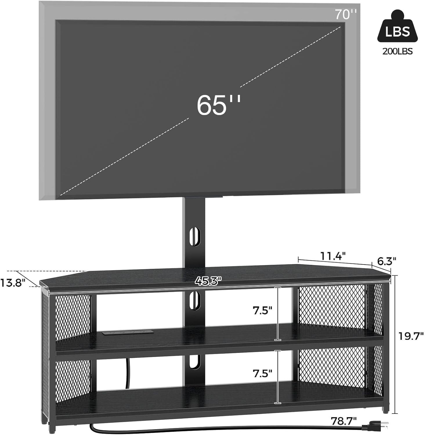 Rolanstar TV Stand with Mount and Power Outlet with LED Lights , Height Adjustable Mount
