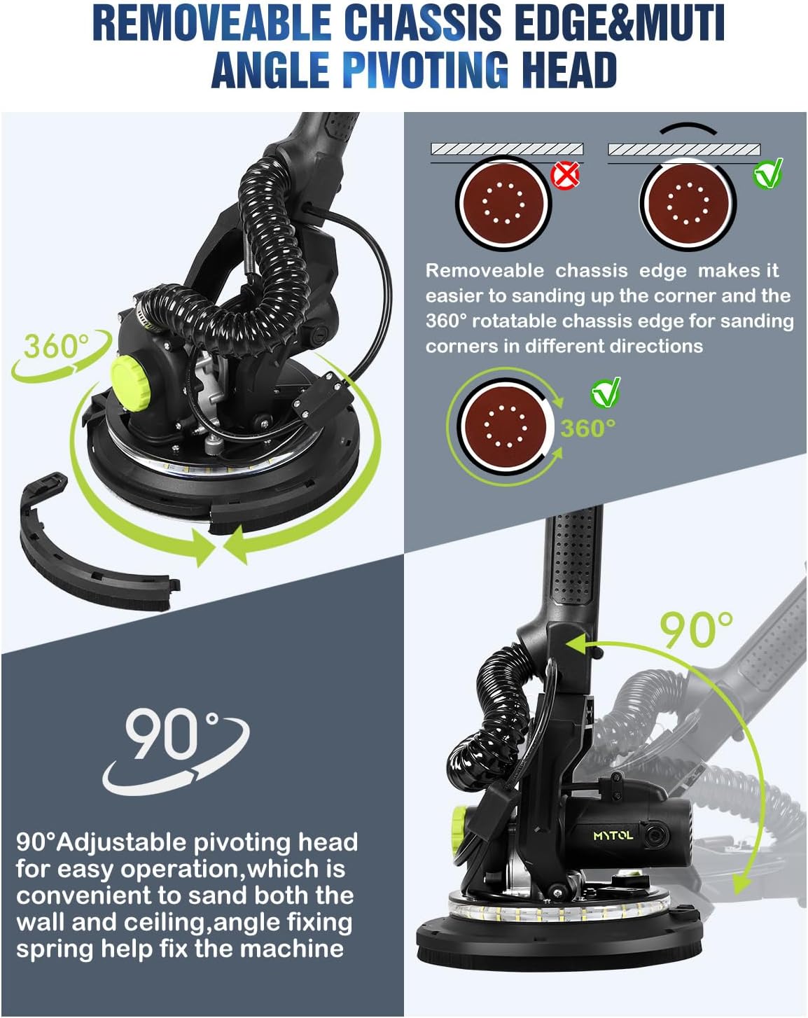 MYTOL Electric Drywall Sander with Vacuum Dust Collection, LED Light, 6 Variable Speed