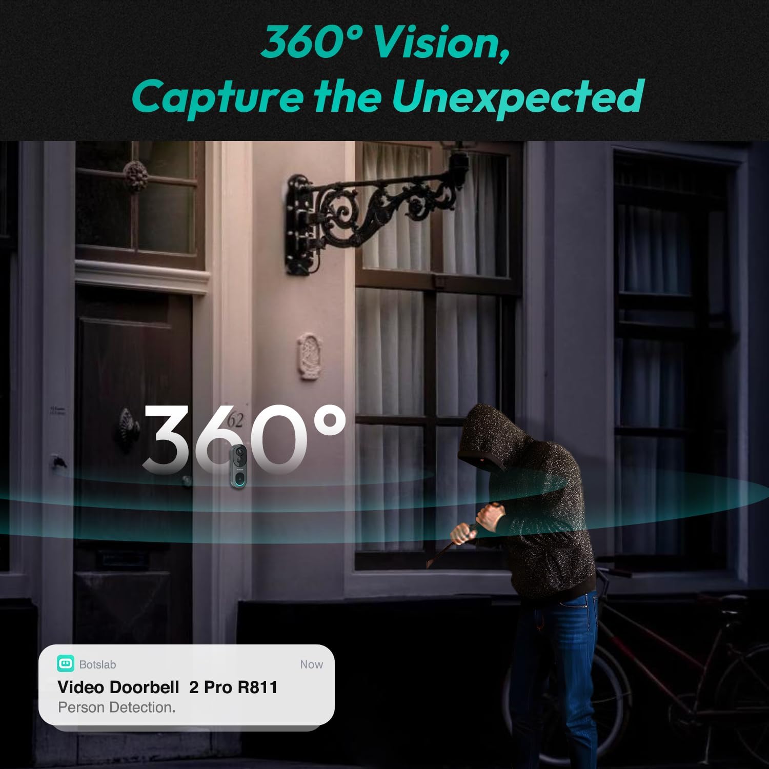 BOTSLAB Video Doorbell Camera, Head-to-Toe&180° View