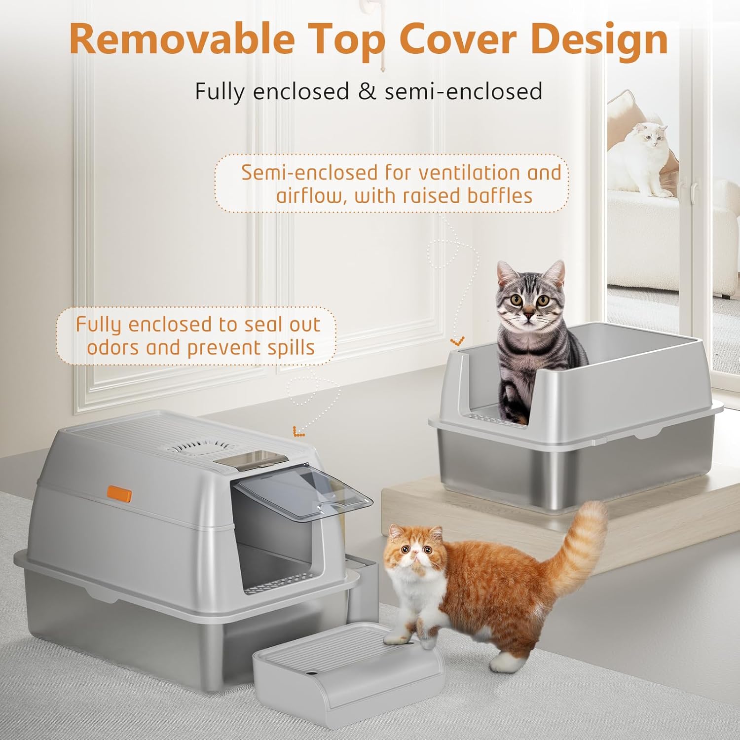 OKSOTY Stainless Steel Cat Litter Box with Lid, XL Extra Large Litter Box