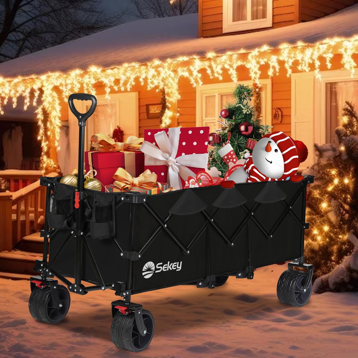 Sekey 48''L Collapsible Foldable Extended Wagon with Big All-Terrain Beach Wheels & Drink Holders
