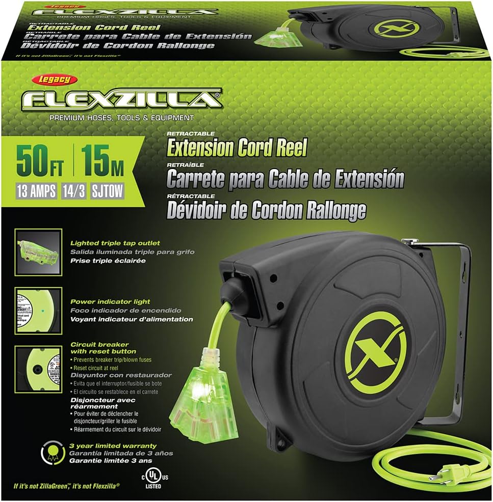 Flexzilla Retractable Extension, Grounded Triple Tap Outlet Electric Cord Reel