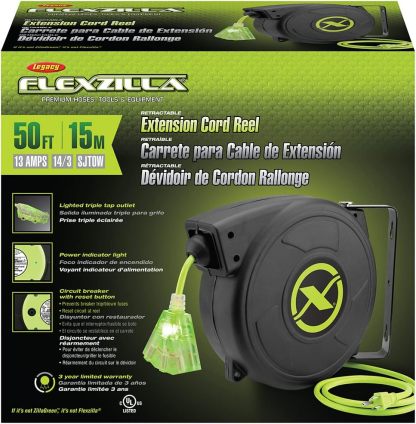 Flexzilla Retractable Extension, Grounded Triple Tap Outlet Electric Cord Reel