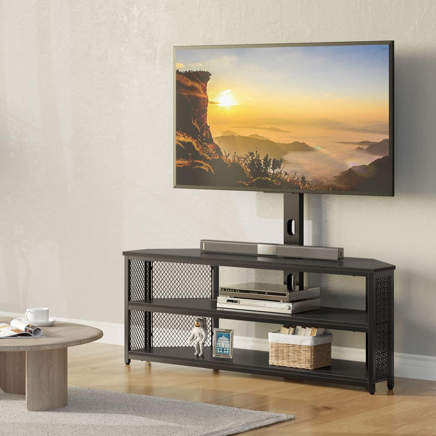 Rolanstar TV Stand with Mount and Power Outlet with LED Lights , Height Adjustable Mount