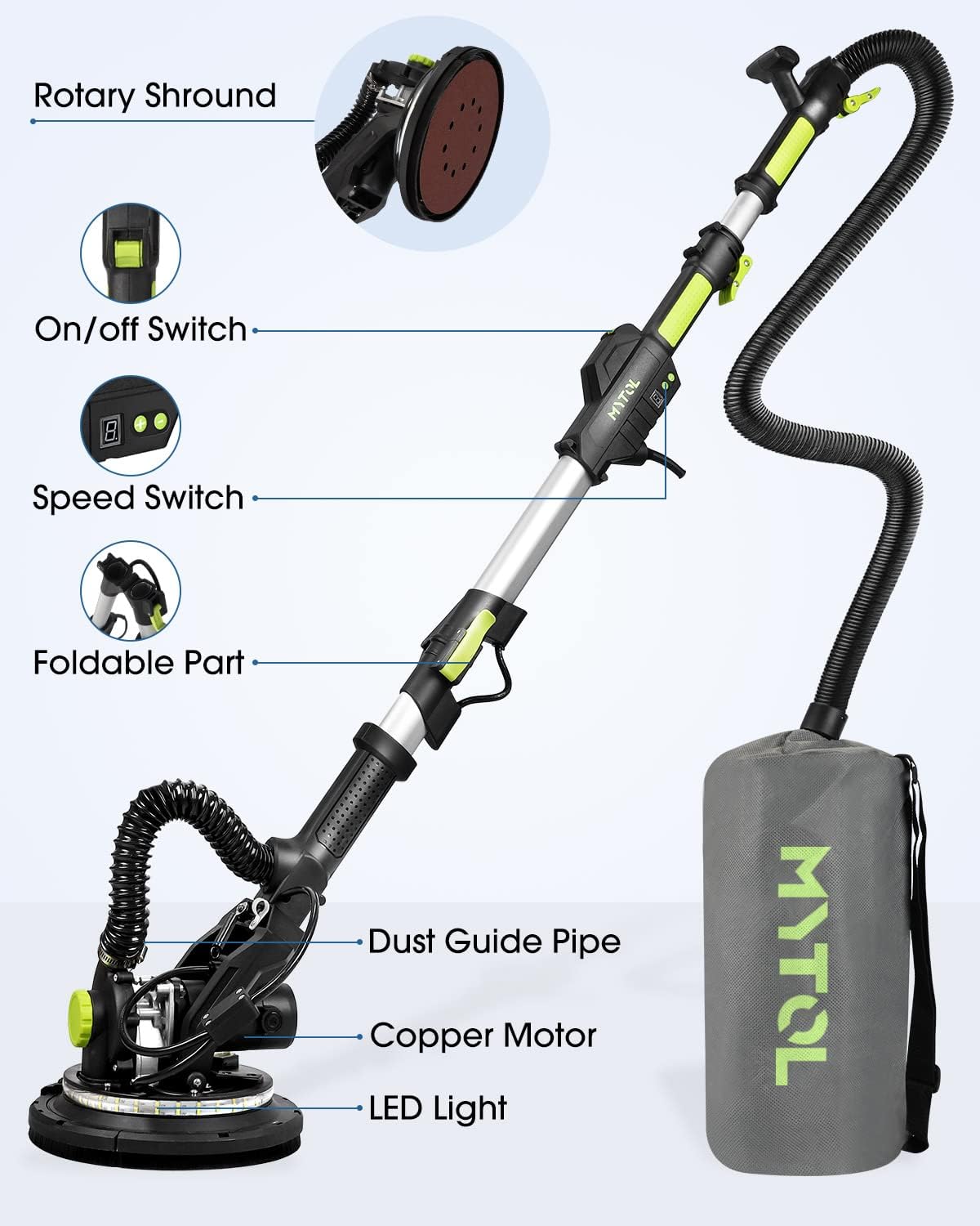 MYTOL Electric Drywall Sander with Vacuum Dust Collection, LED Light, 6 Variable Speed