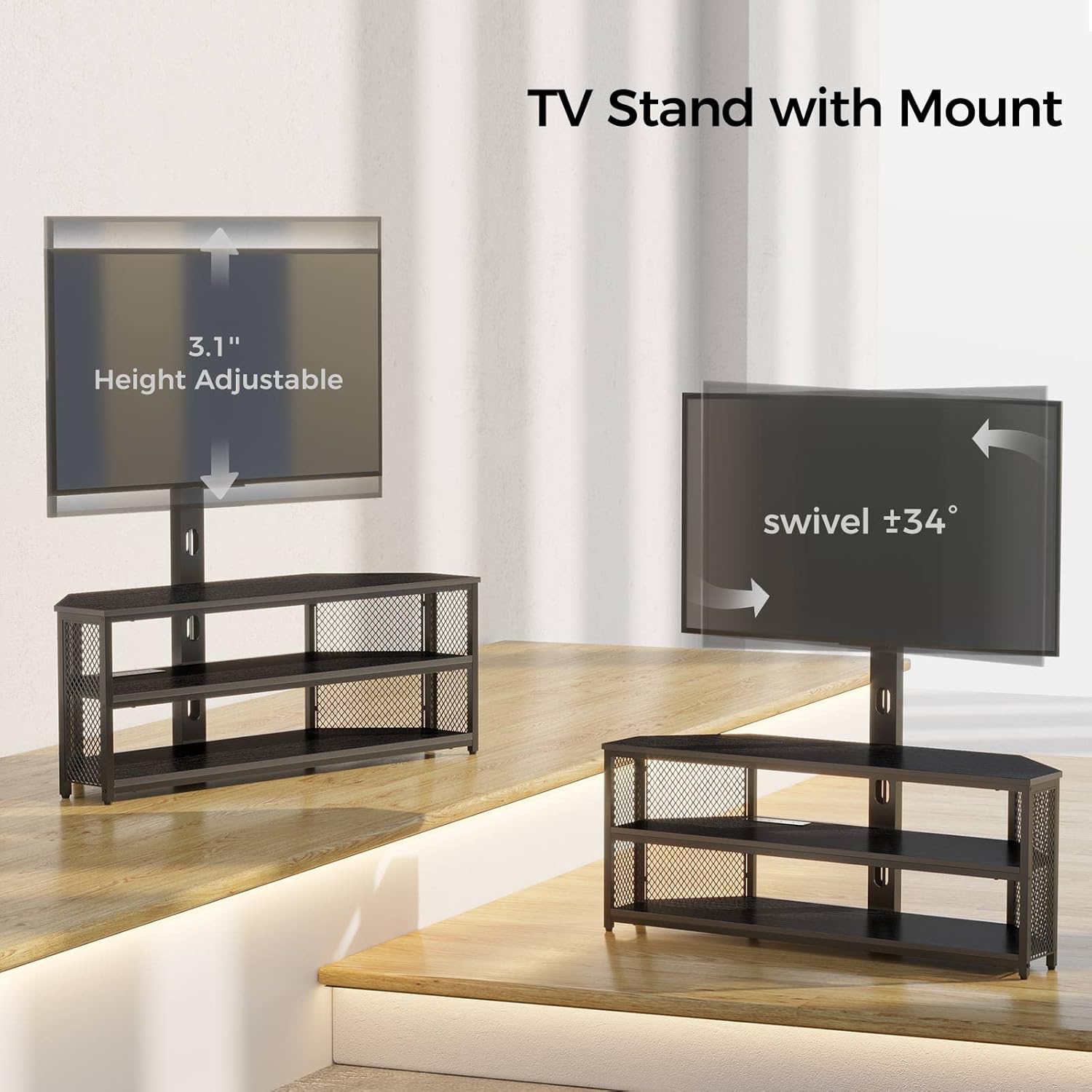 Rolanstar TV Stand with Mount and Power Outlet with LED Lights , Height Adjustable Mount