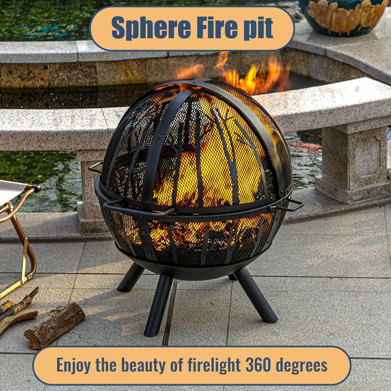 Panovue 35 Inch Wood Burning Fire Pit with BBQ Grill