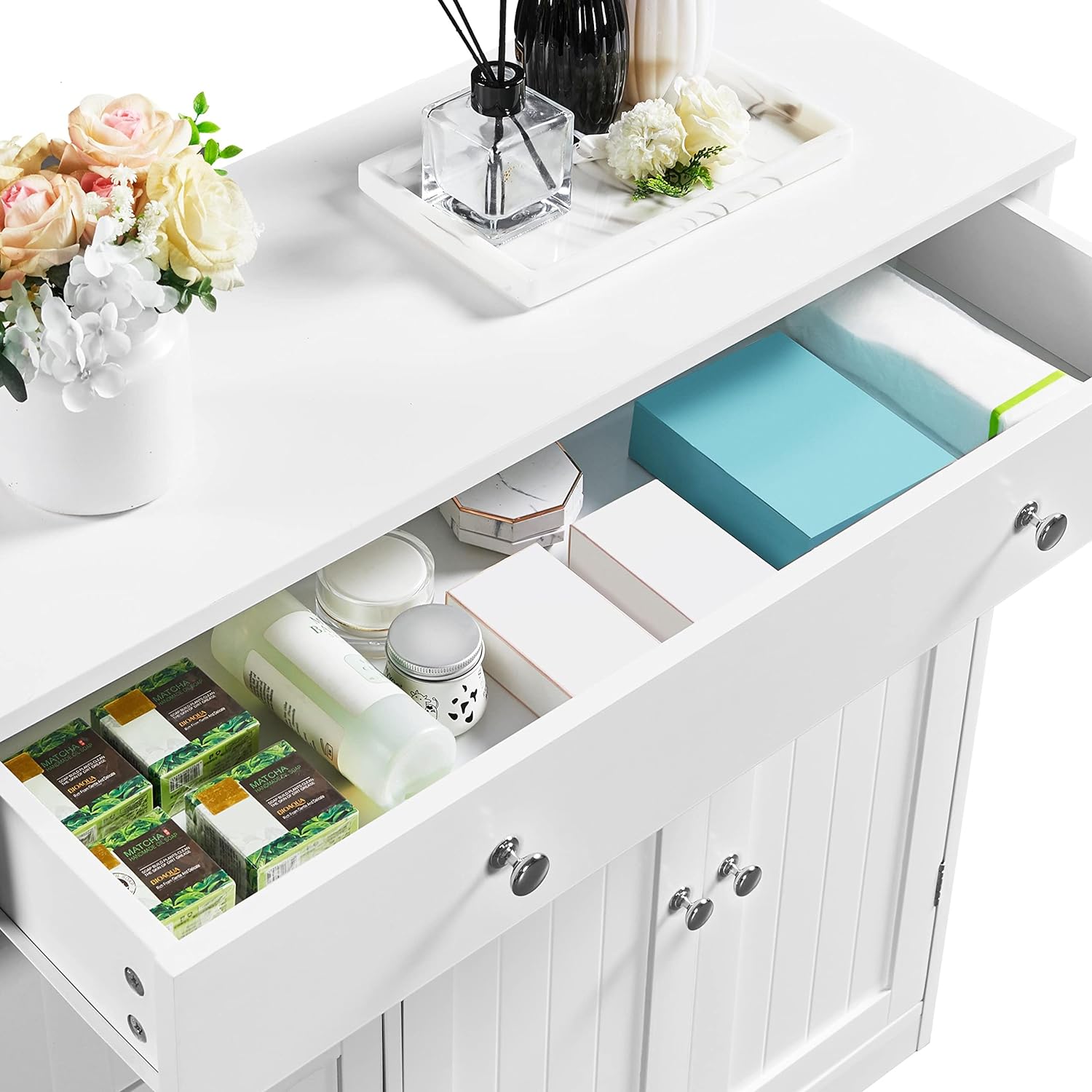 Topeakmart Bathroom Free-Standing Floor Cabinet with 4 Drawers and 2 Doors