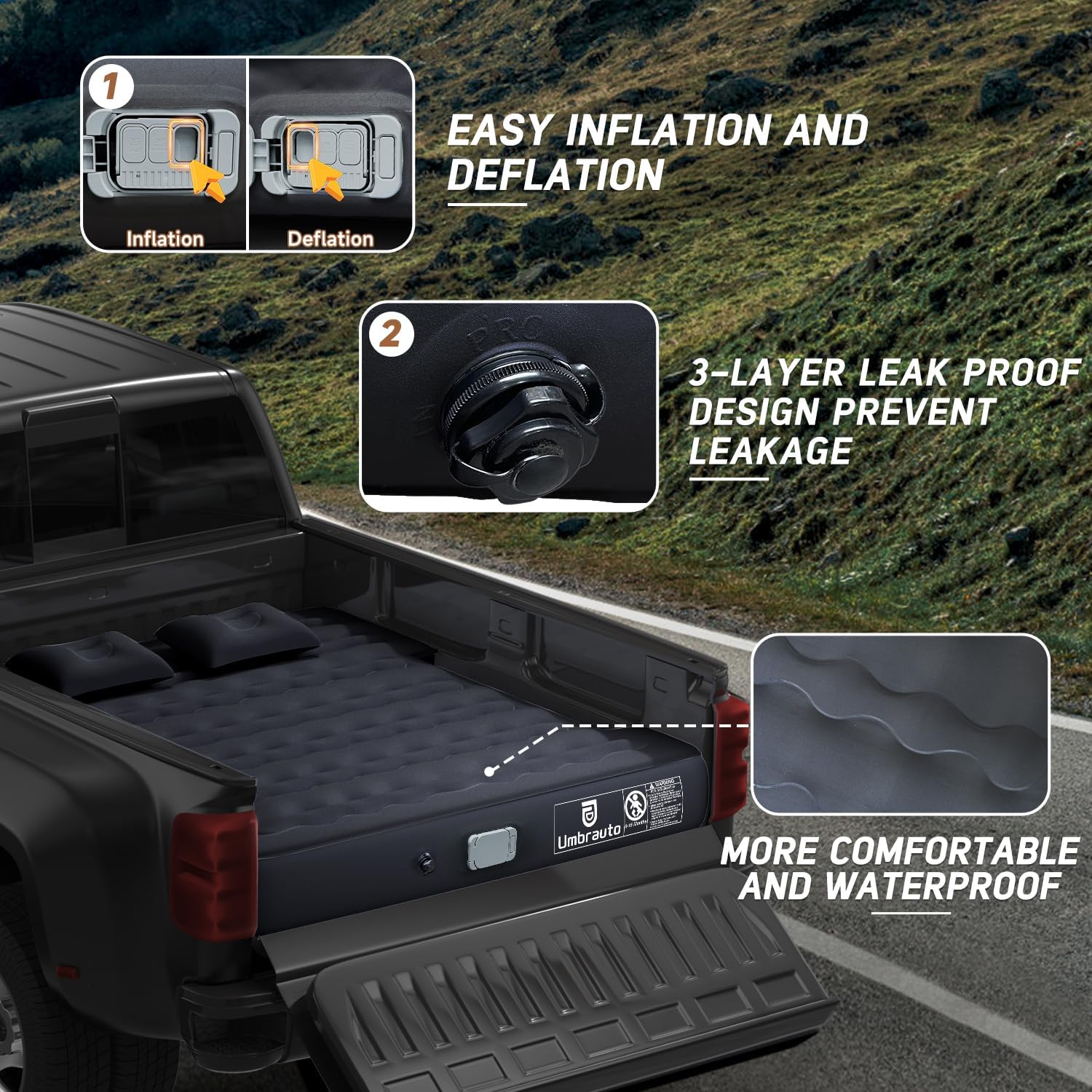 Umbrauto Truck Bed Air Mattress Inflate and Deflate with Rechargeable