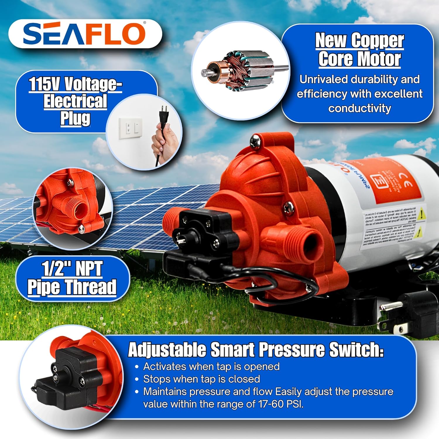 SEAFLO 33-Series Water Pressure Pump, Self Priming, Smart Pressure Switch
