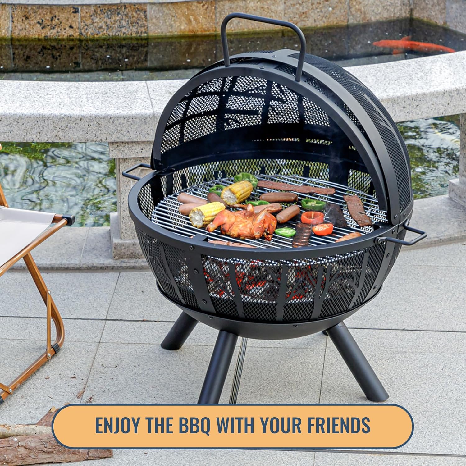 Panovue 35 Inch Wood Burning Fire Pit with BBQ Grill
