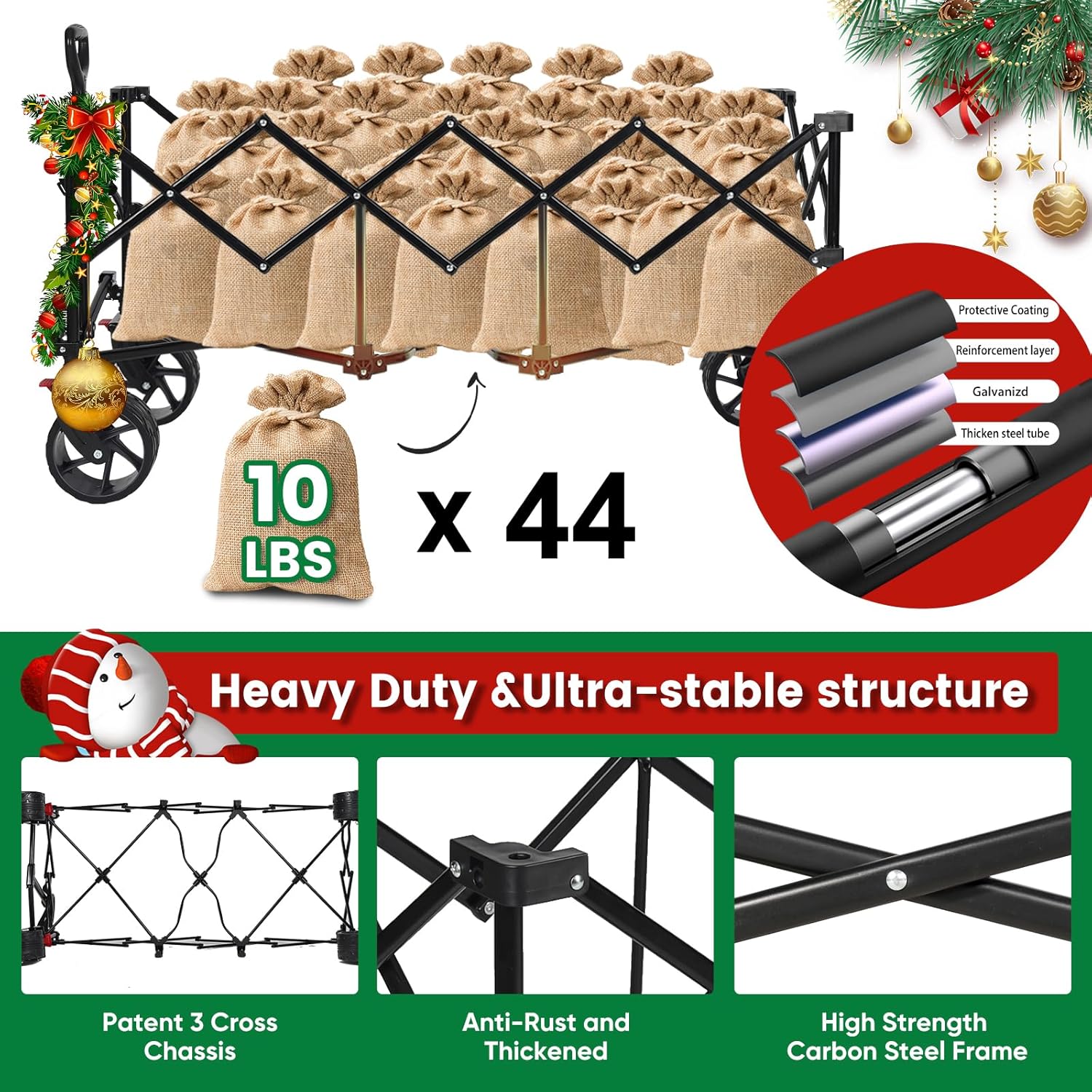 Sekey 48''L Collapsible Foldable Extended Wagon with Big All-Terrain Beach Wheels & Drink Holders