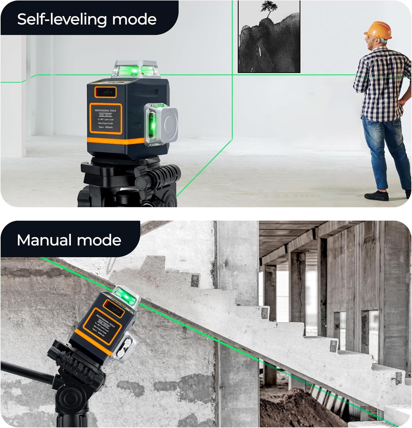 CIGMAN Laser Level Self Leveling 3x360° 3D Green Cross Line