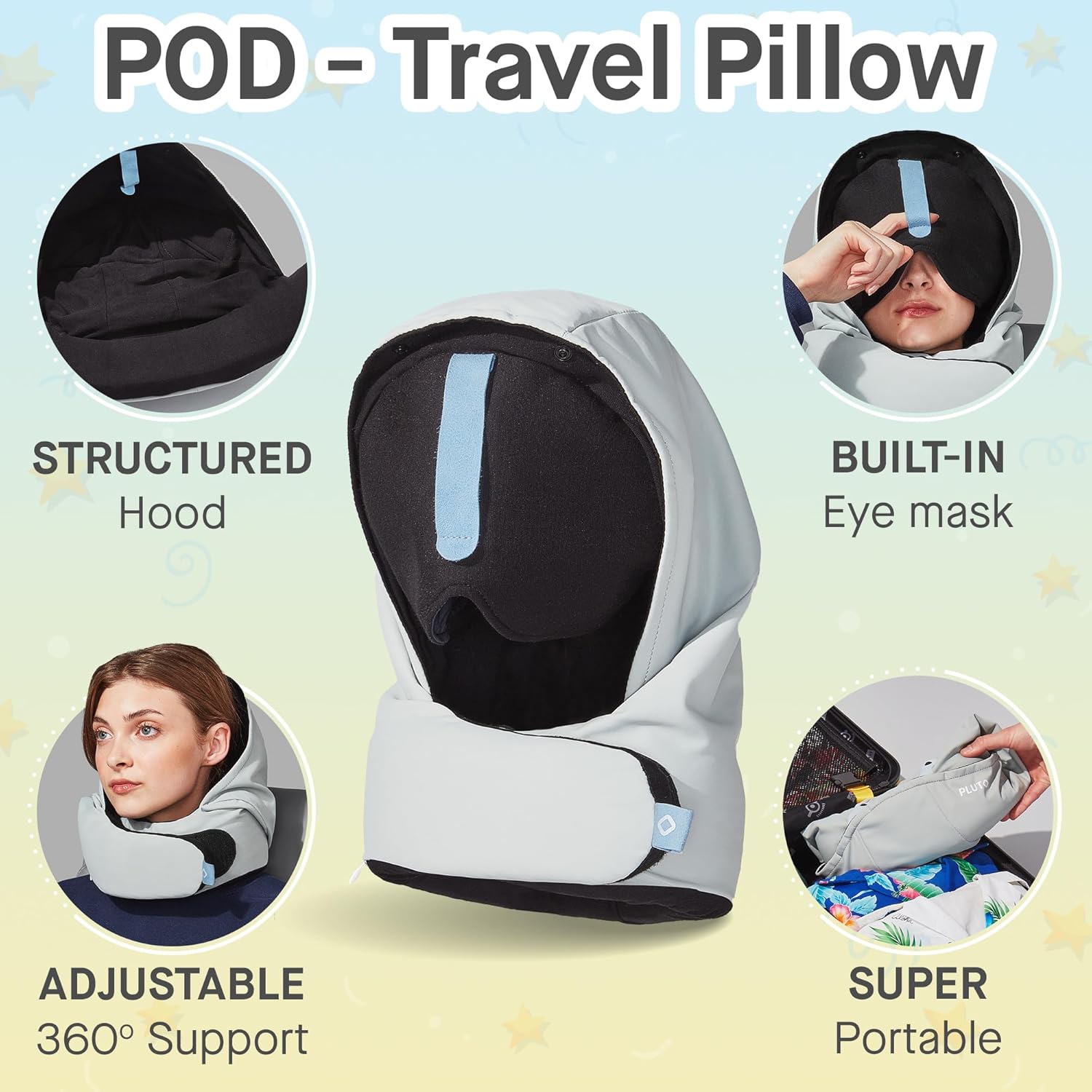 PLUTO Premium Travel Neck Pillow with Adjustable Velcro