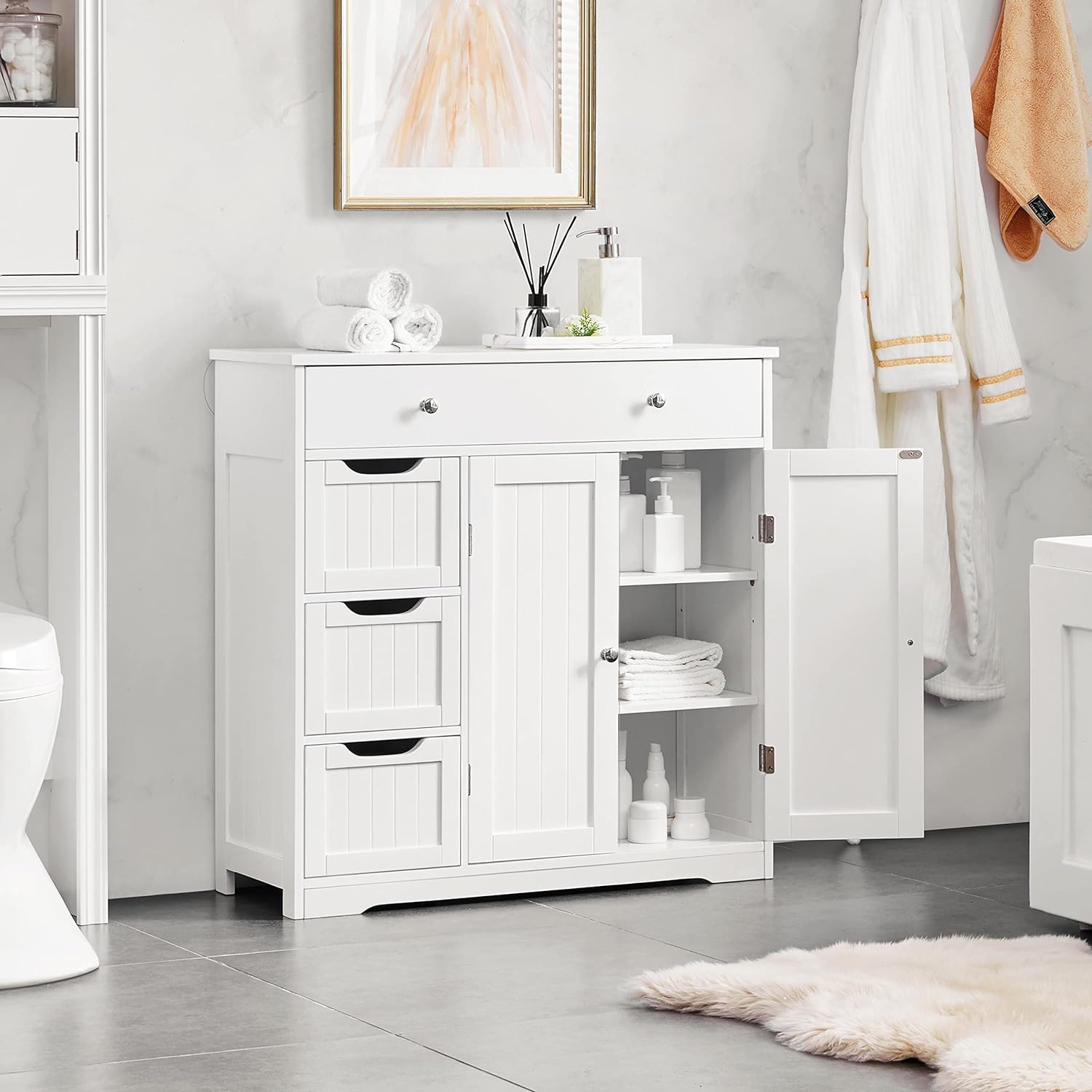 Topeakmart Bathroom Free-Standing Floor Cabinet with 4 Drawers and 2 Doors