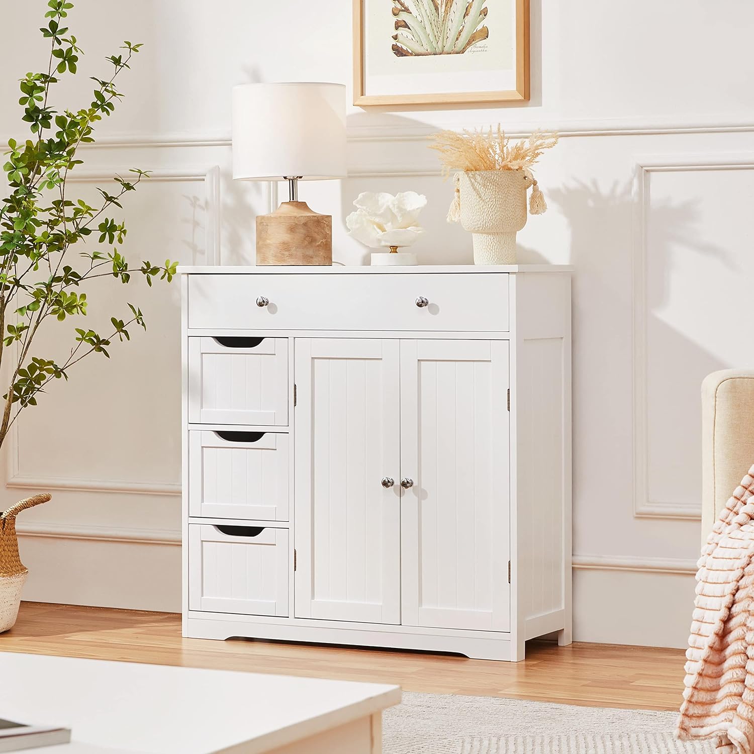 Topeakmart Bathroom Free-Standing Floor Cabinet with 4 Drawers and 2 Doors