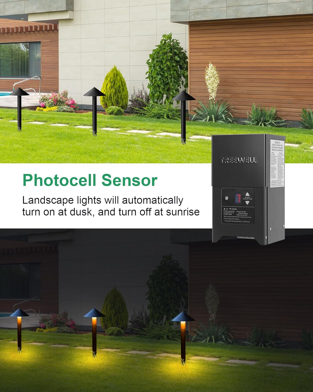 Treewell Outdoor Landscape Lighting Transformer with Photocell Sensor & Timer