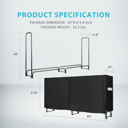 VIVOHOME 8ft Heavy Duty Indoor Outdoor Firewood Storage Log Rack with Cover Combo Set Black