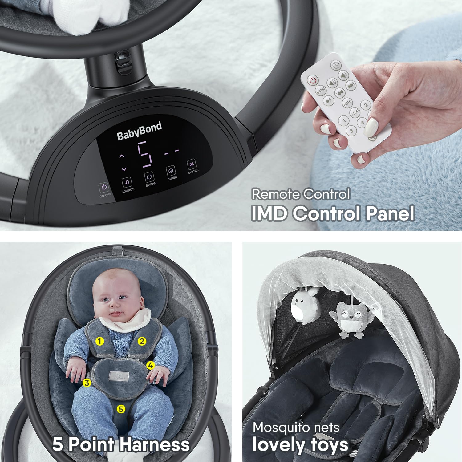BabyBond Baby Swings for Infants, Bluetooth Infant Swing with Music Speaker, 3 Seat Positions