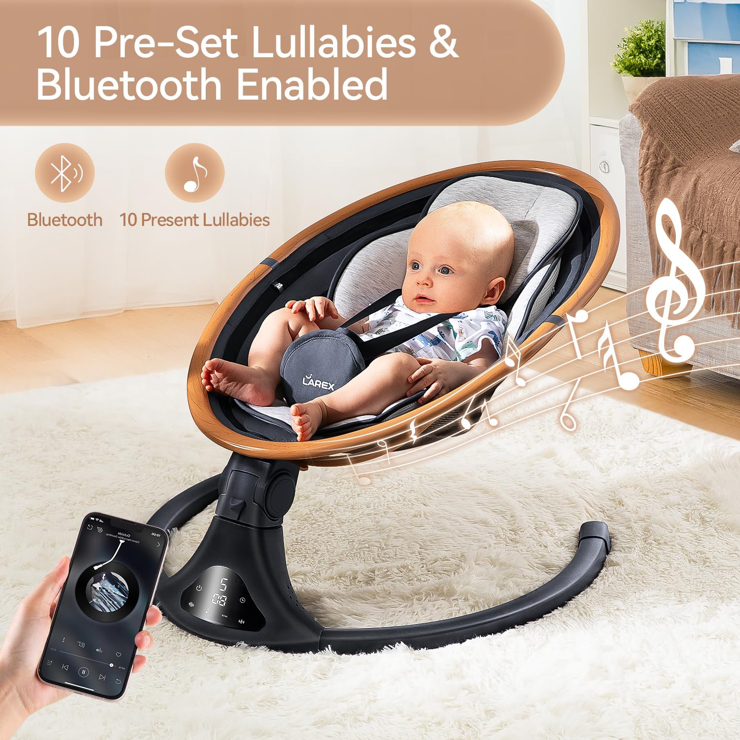 LAREX Baby Swings for Infants to Toddler-Electric Bluetooth Infant Swing with Remote Control