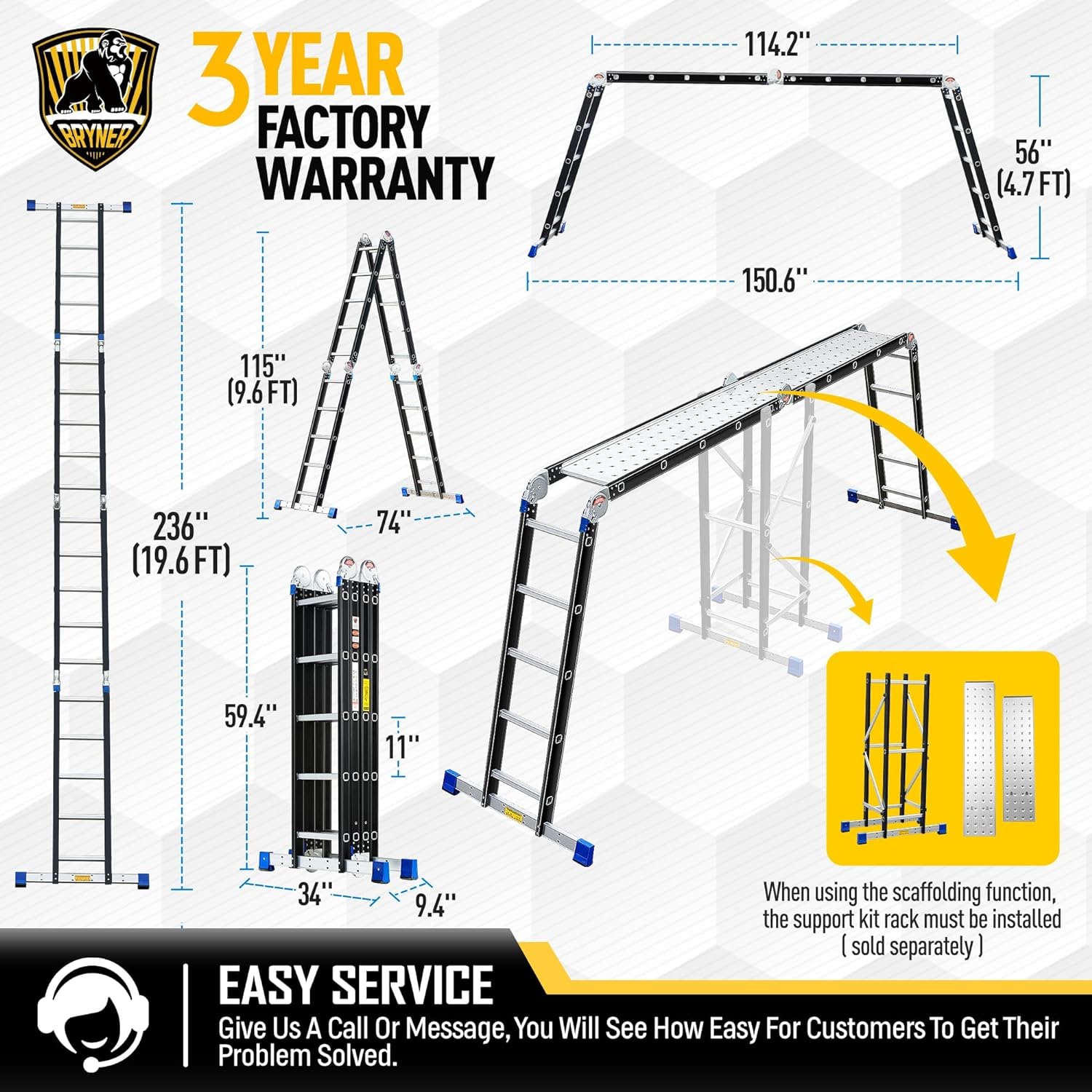 Bryner 7 in 1 Multi-Purpose Folding Adjustable Telescoping Aluminium Extension Ladders
