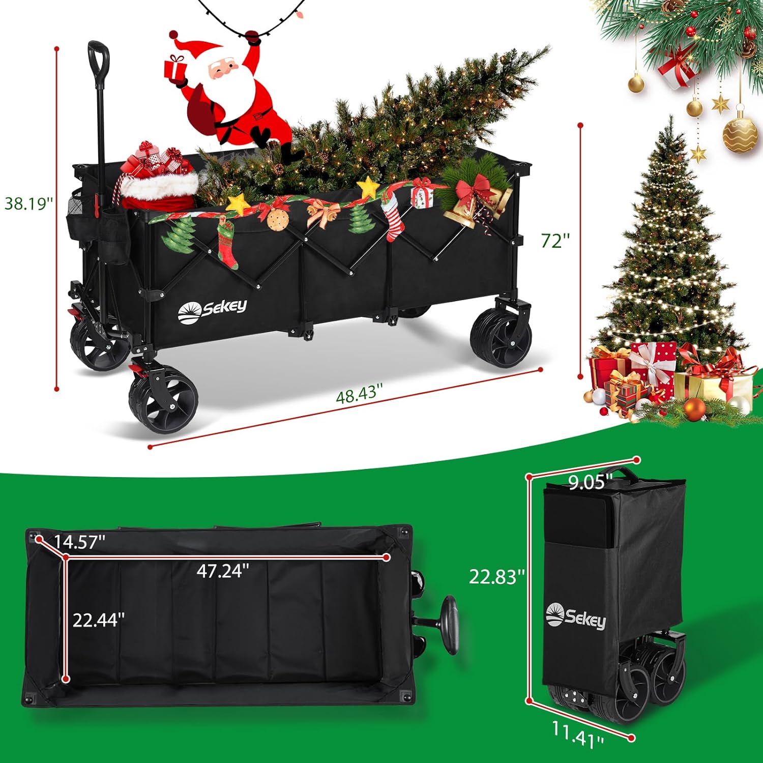 Sekey 48''L Collapsible Foldable Extended Wagon with Big All-Terrain Beach Wheels & Drink Holders
