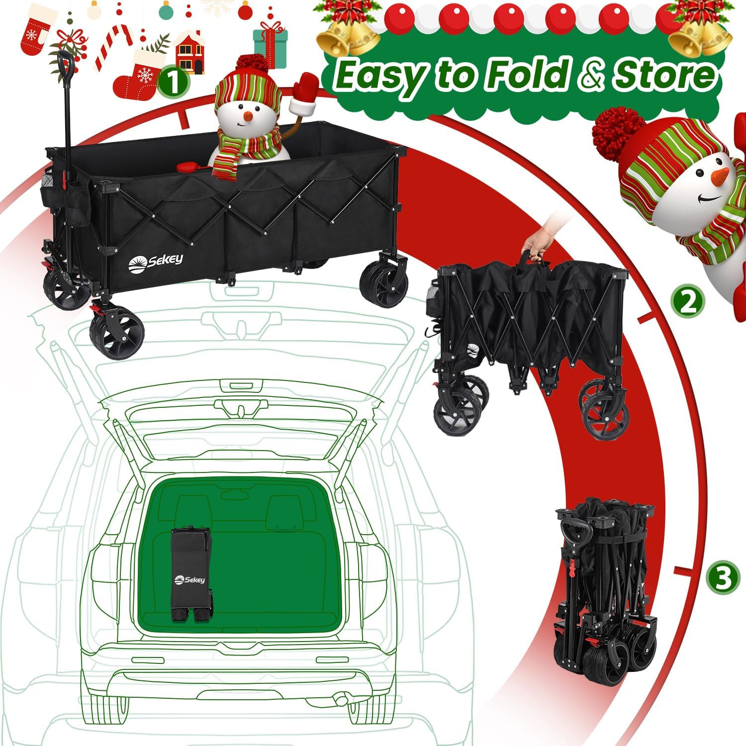 Sekey 48''L Collapsible Foldable Extended Wagon with Big All-Terrain Beach Wheels & Drink Holders
