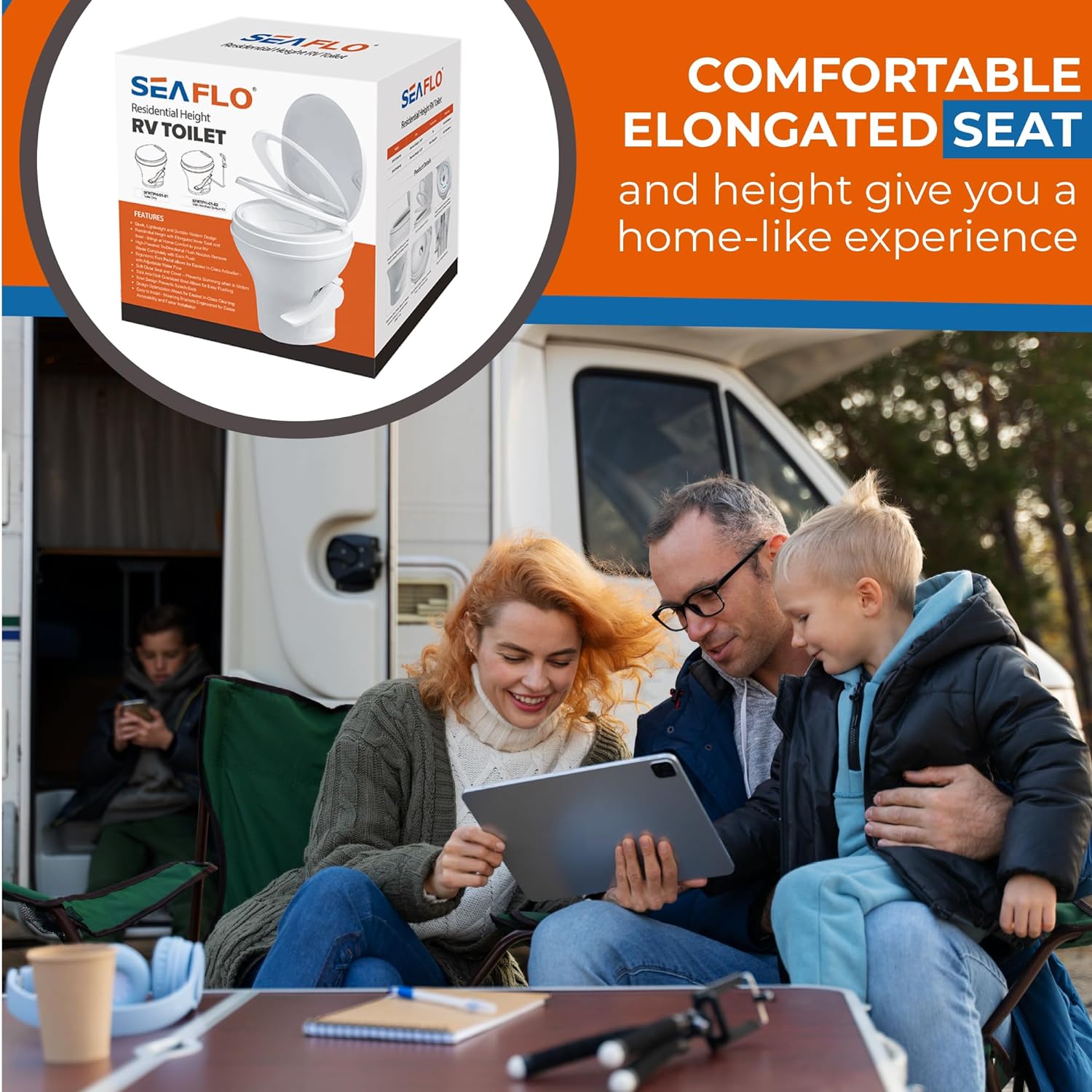 SEAFLO Residential Height RV Toilet, Splash-Back